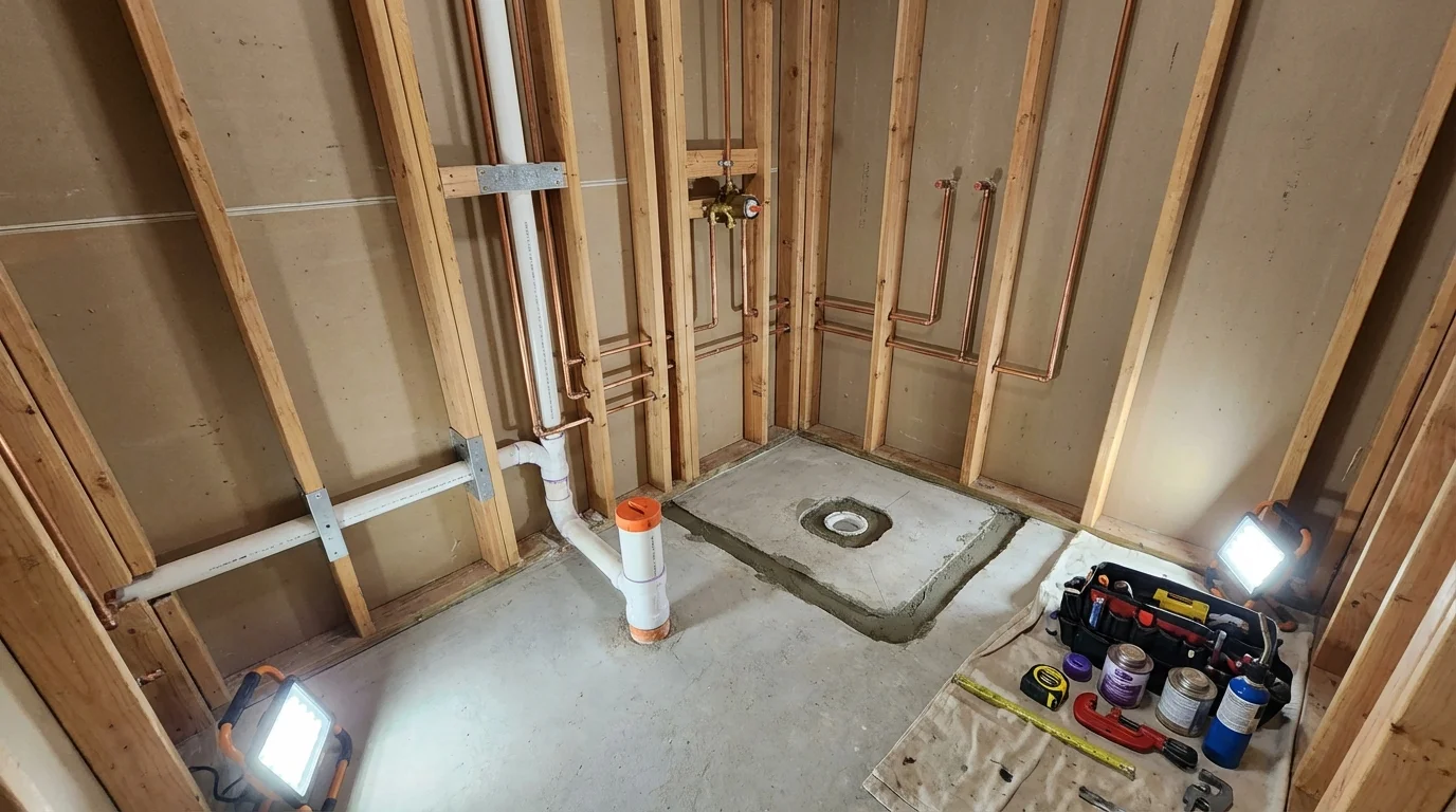 Bathroom rough-in plumbing during remodel by Johns Plumbing LLC in Hooks