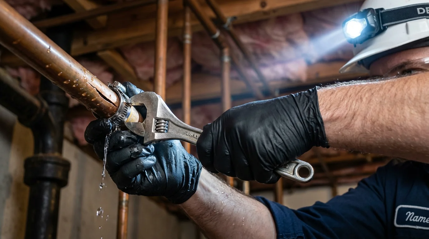 Emergency pipe clamp repair being performed by a Johns Plumbing LLC plumber in Hooks