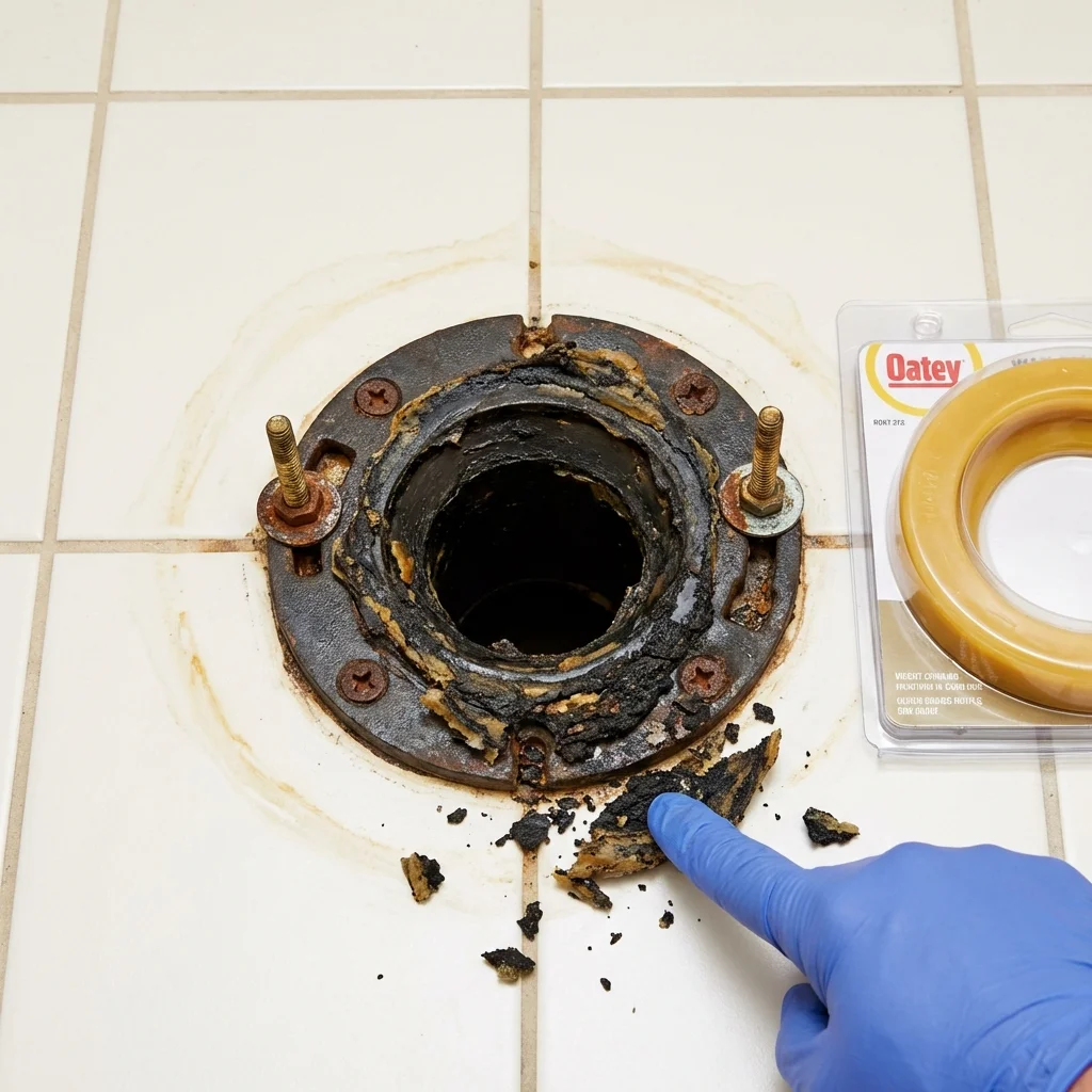 Failed wax ring showing water seepage at the base of a toilet in a Hooks, TX home