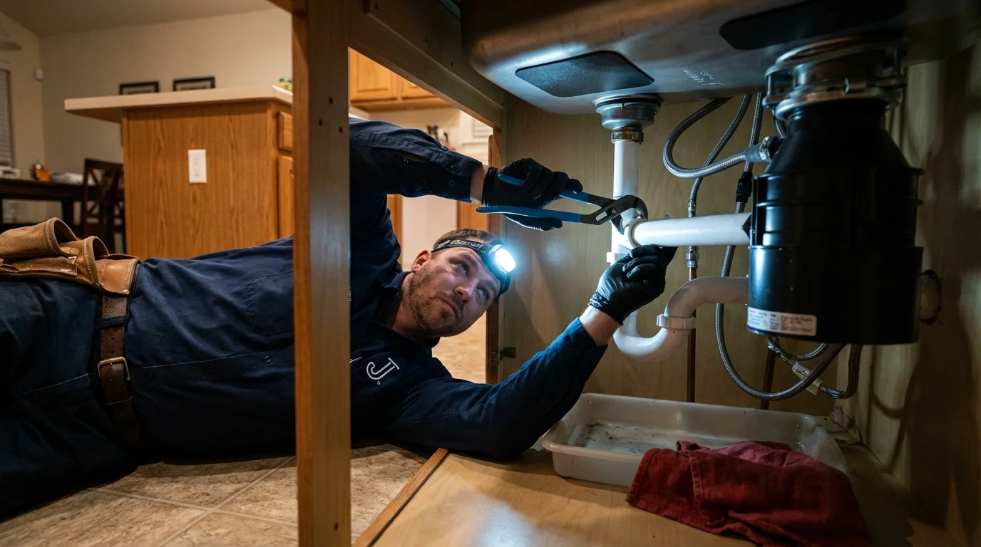 P-trap and supply line connections under a kitchen sink showing a common leak point in Hooks, TX
